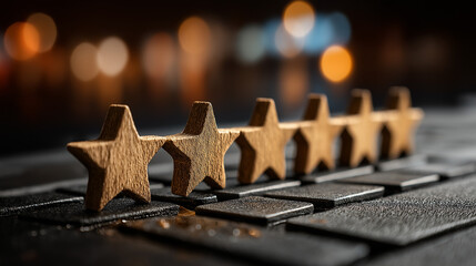 Wooden five-star models arranged on keypad-style black surface with bokeh lights, conveying customer satisfaction for corporate branding and rating system designs

