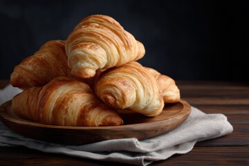 Freshly baked croissants stacked on rustic wooden plate with linen napkin