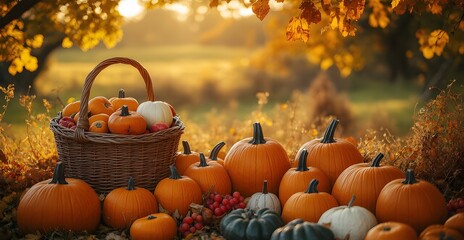 A basket full of pumpkins and gourds on a field