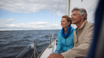 Smiling mature couple enjoying a peaceful sailboat ride on the open sea.
