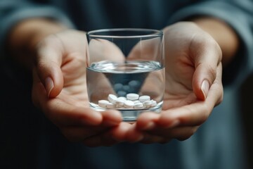 Healthcare harmony: Close-up of hands holding medication and water glass for optimal wellness and mental health treatment., Generative AI