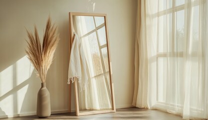 Light-filled room with a wooden mirror, a beige vase, and pampas grass