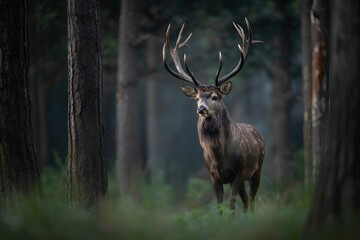 Obraz premium Majestic sika deer buck in forest setting