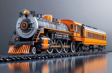 Orange steam train on tracks, 3D render