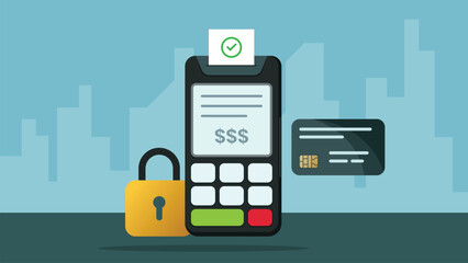 Secure Credit Card Payment with POS Terminal, Lock Icon, and City Background Illustration