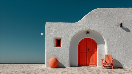 Mediterranean-style white architecture with red door against sea backdrop, terracotta pots decor, clean aesthetic for travel brochures, holiday rental ads or text overlay designs