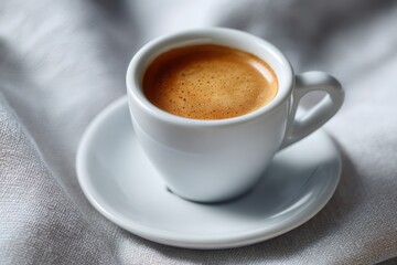 Obraz premium Freshly brewed espresso shot served in small white ceramic cup with foam