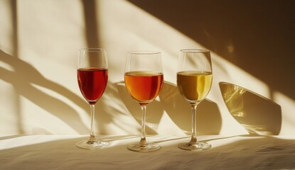 Three wine glasses filled with red, ros?, and white wine, bathed in warm sunlight