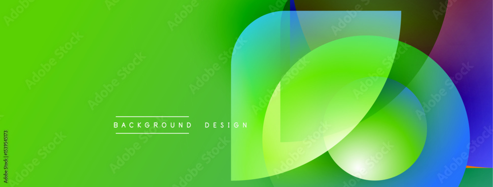 Poster Bright green background features abstract overlapping shapes. Vivid colors blend, creating dynamic visual effect. Text reads background design.