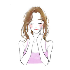頬に両手を添える笑顔の美容系女性のイラスト
