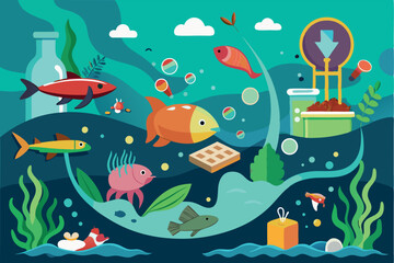 Obraz premium Colorful underwater scene with various fish and aquatic plants in a whimsical style