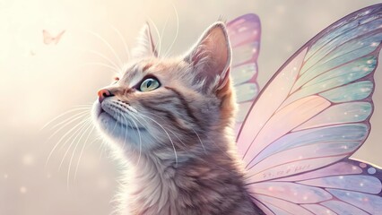 custom pet portrait concept A whimsical cat with butterfly wings gazes upward, surrounded by a dreamy atmosphere and soft colors.