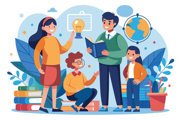 Engaging group of children and an adult sharing ideas in a learning environment at a library or classroom