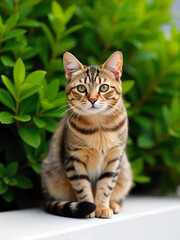 A brown tabby cat with green eyes sitting in front of a green leafy background, looking directly at the camera, with a curious expression