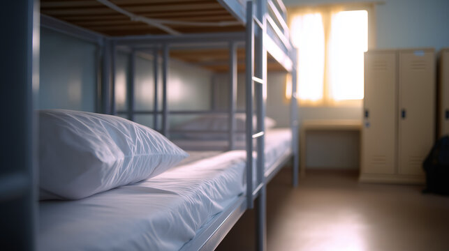 Cozy shared dormitory room with white bunk beds and soft lighting.

