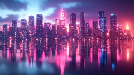 Fototapeta premium Neon Cityscape reflecting in water.