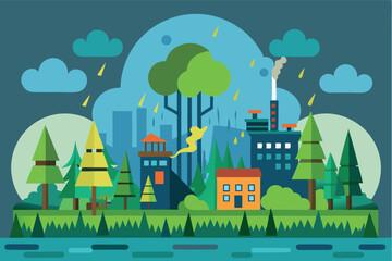 Naklejka premium Urban development contrasts with nature in a vibrant illustration of a green landscape and industrial buildings