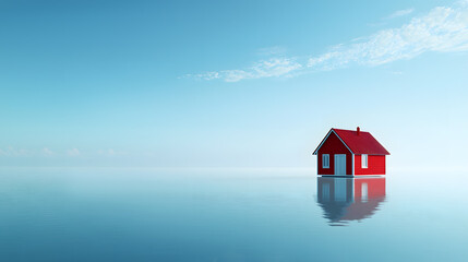 Red House Floating on a Serene, Reflective Surface