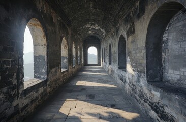 Naklejka premium Ancient stone corridor with arched windows, sunlight streaks