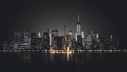 Obraz premium Night city skyline, lights reflecting on water