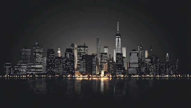 Fototapeta Night city skyline, lights reflecting on water