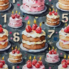 Watercolor Painting of Cakes with Strawberries and Candles