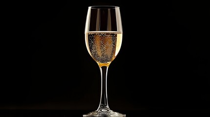  A champagne bottle with a glass of champagne, against a black background.