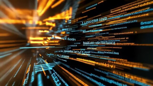 Dynamic Abstract Digital Data Stream with Blue and Orange Illuminated Code on Black Background