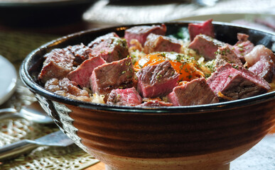 Grilled Beef Fried Rice with Garlic, Topped with Pickled Egg