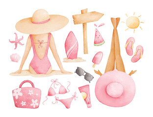 Watercolor Illustration Set of Girls in Summer Holiday at the Beach