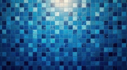 Blue mosaic tiles with varying shades create a textured geometric pattern illuminated by light reflections.