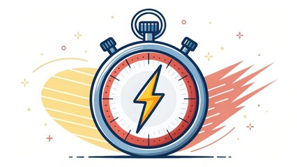 A stopwatch with a lightning bolt symbol, surrounded by dynamic streaks representing speed and energy.
