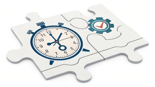 A stopwatch and a gear with a checkmark are illustrated on connected white puzzle pieces, symbolizing time management and efficiency.