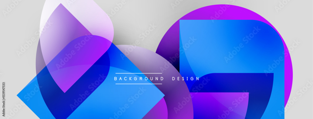 Poster Abstract shapes overlap, creating vibrant color gradients. Modern design elements suggest digital art, smooth transitions. Background features text.