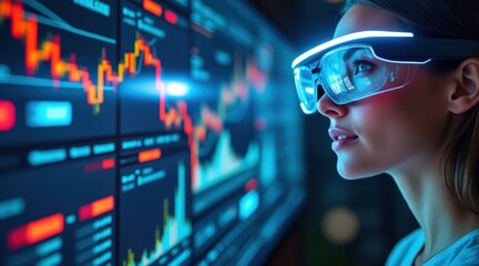 A woman wearing futuristic smart glasses analyzes dynamic financial charts on a digital screen in a high-tech environment.