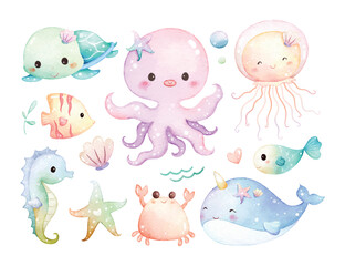 Watercolor Illustration Set of Cute Sea Animals