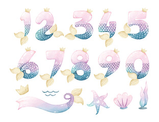 Watercolor Illustration Set of Number in Mermaid Theme