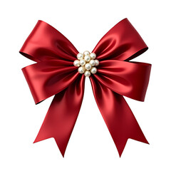 A red satin bow with pearl embellishment isolated on transparent background