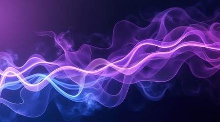 Abstract purple and pink waveforms flow smoothly against a dark background, creating a sense of motion and fluidity with light and smoke effects.