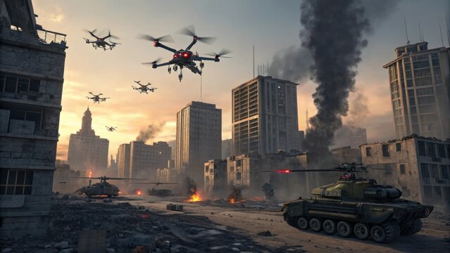 A dystopian cityscape shows drones and tanks in a war-torn urban battlefield with fires and smoke rising among damaged buildings.