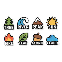 Icons of nature elements including tree river peak sun and more