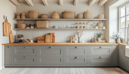 Fototapeta premium Rustic, light-gray kitchen with open shelving, woven baskets, and wooden countertops