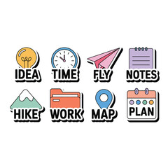 Icons represent idea time fly notes hike work map and plan isolated