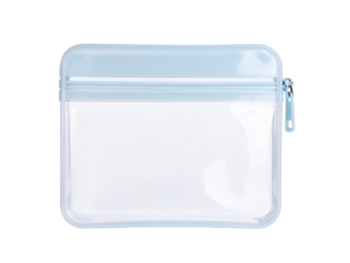 Light blue transparent zippered pouch for storing small items like cosmetics, stationery, or travel essentials. Ideal for packaging mockups.