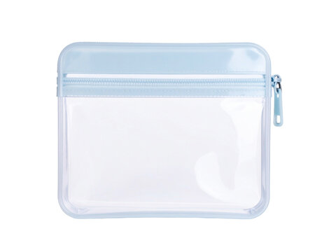 Light blue transparent zippered pouch for storing small items like cosmetics, stationery, or travel essentials. Ideal for packaging mockups.