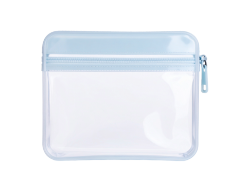Light blue transparent zippered pouch for storing small items like cosmetics, stationery, or travel essentials. Ideal for packaging mockups.