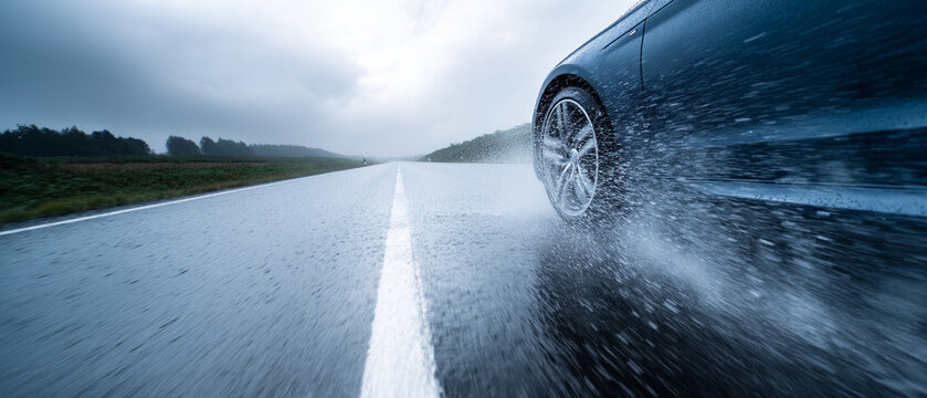 Car rain asphalt road water speed motion wet dynamic driving spray travel transportation vehicle outdoors highway journey