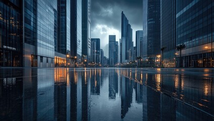 Fototapeta premium Urban street scene at dusk, reflected in puddles after a rain shower. Skyscrapers line the avenue