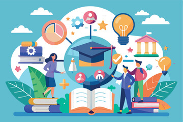 Naklejka premium Illustration of people engaged in educational activities surrounded by symbols of knowledge and innovation