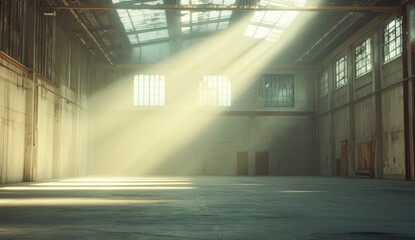 Obraz premium Sunbeams fill an empty, industrial warehouse
